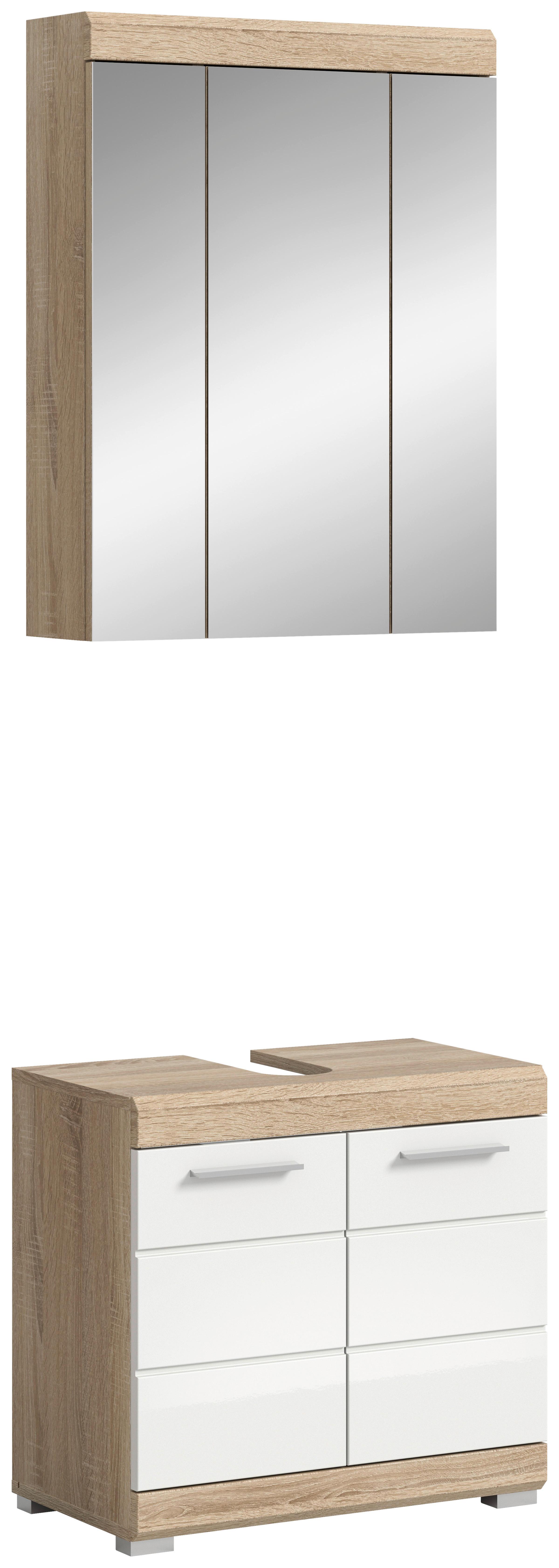 Badezimmer Lambada Eiche Dekor/weiß B: 60 Cm - Weiß Hochglanz/Silberfarben, MODERN, Glas/Holzwerkstoff (60cm) - MID.YOU
