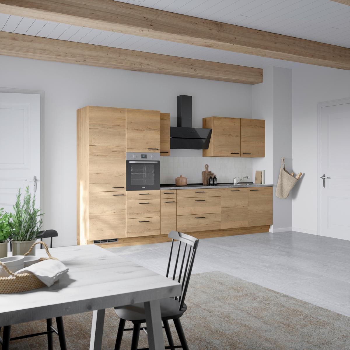 Kuchynská linka 360 cm, dub Sierra - čierna/farba duba, Modern, kov/kompozitné drevo (360cm) - Nobilia