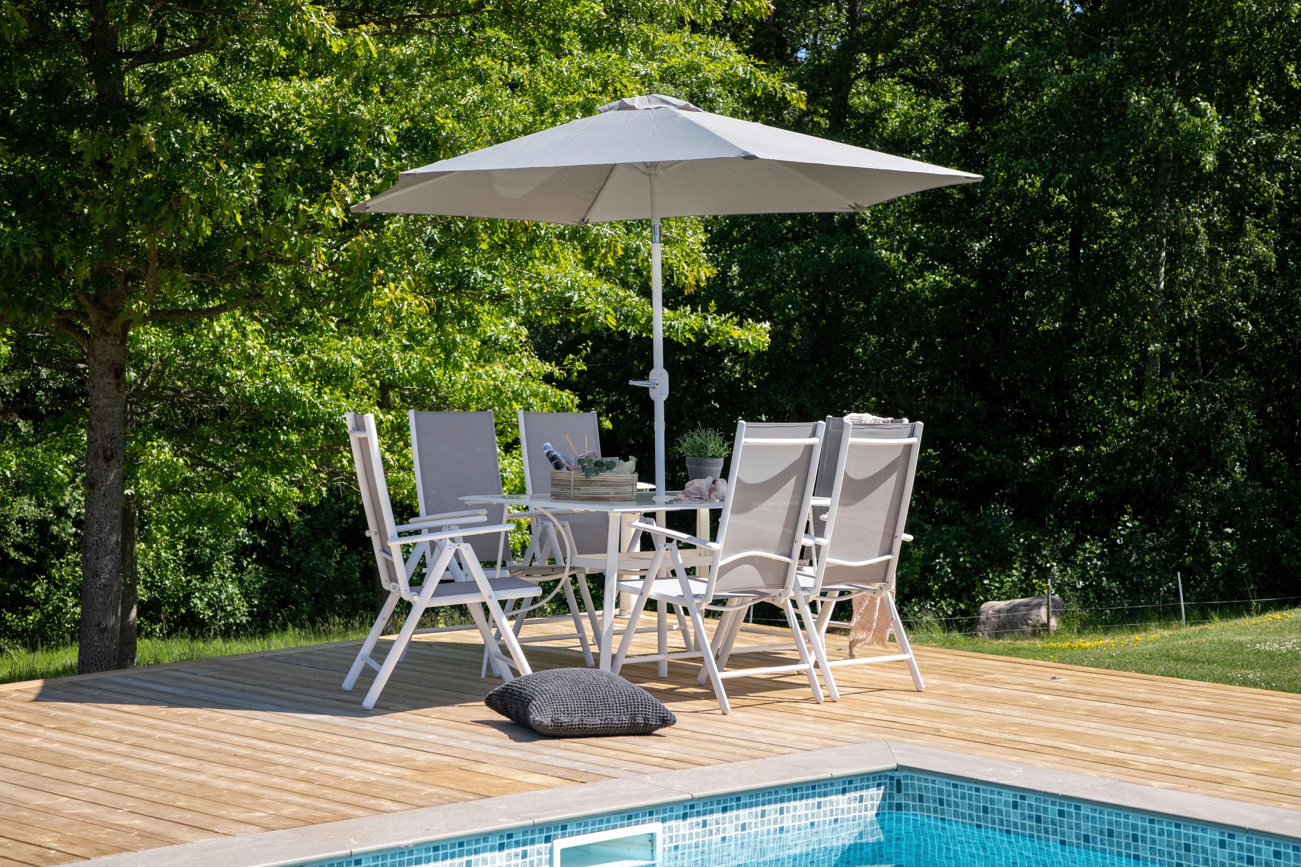 Gartentischgruppe 8-tlg Brekki Aus Aluminium Mit Schirm - Weiß, KONVENTIONELL, Glas/Metall - Gardenson