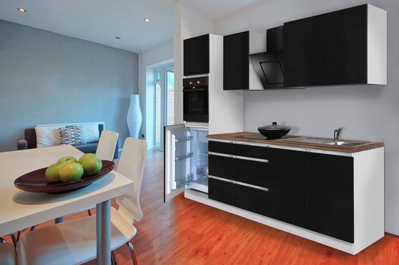 Grifflose Küche in Schwarz Hochglanz Moderner Küchenblock mit Elektrogeräten