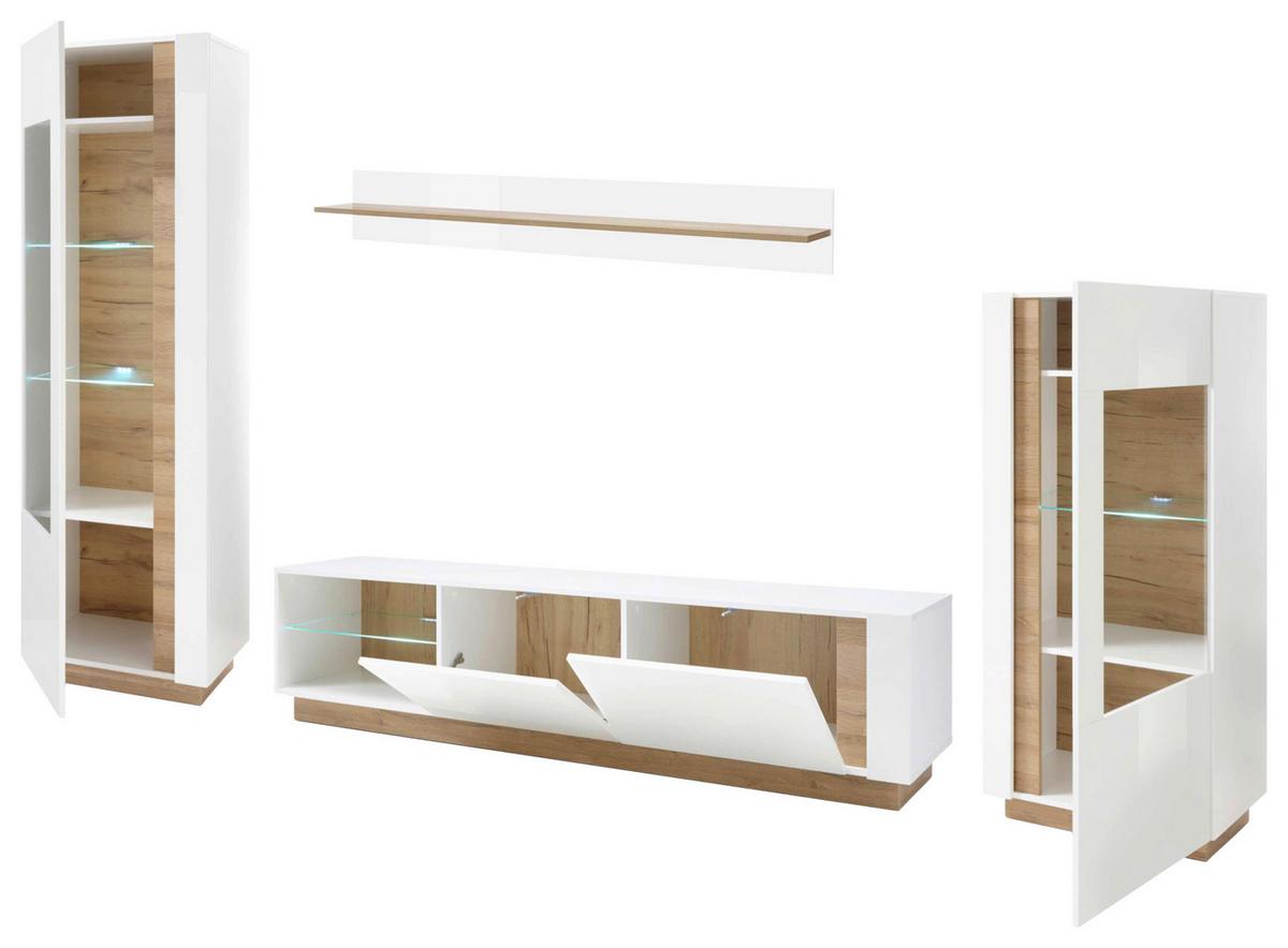 Wohnwand Clair Weiß/Eichefarben B: 340cm - Eichefarben/Weiß, Design, Glas/Holzwerkstoff (340/194/40cm) - MID.YOU