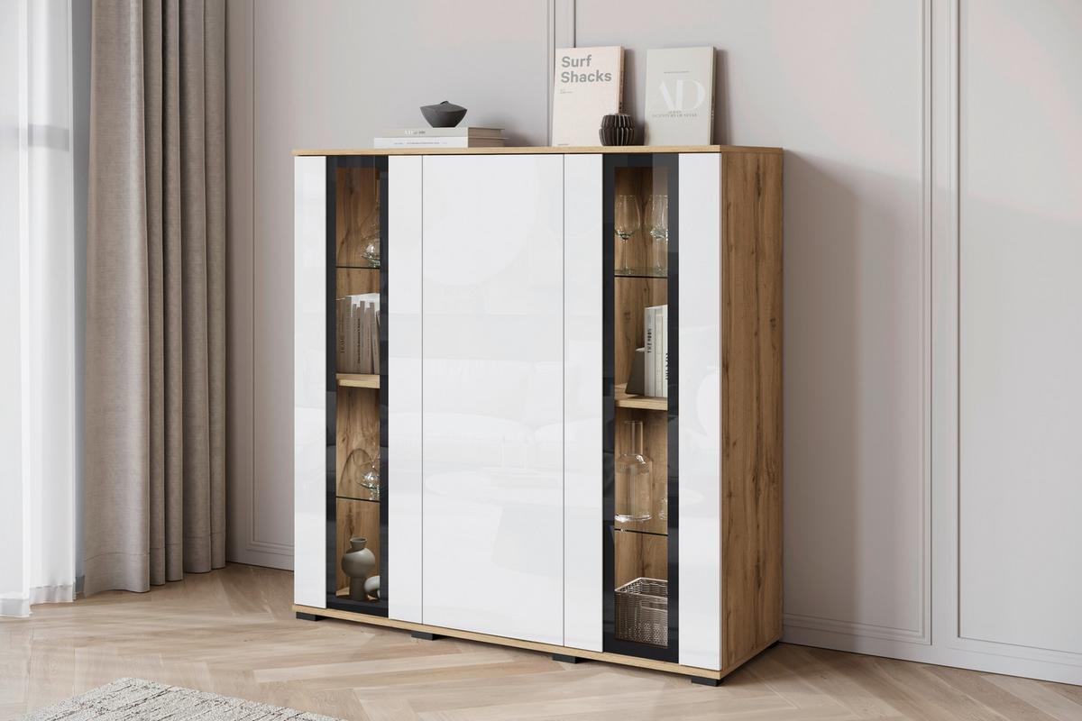 Kommode Caro Eiche Wotan/weiß Hg B: 120 Cm - Weiß Hochglanz/Eiche Wotan, Design, Glas/Holzwerkstoff (120/121,9/39,5cm) - Livetastic