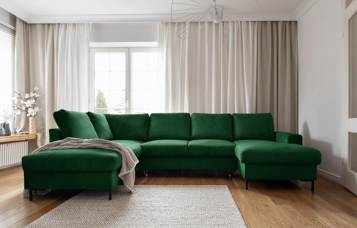 Sedačka LEONIE U, ľavá, smargdovozelený menčester - čierna/smaragdovozelená, Design, kov/drevo (197/303/148cm)