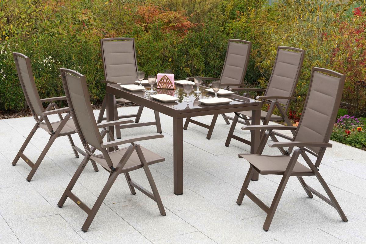 Gartentischgruppe Tinetto 7--Teilig. Aus Aluminium - Taupe/Braun, KONVENTIONELL, Glas/Textil - Gardenson