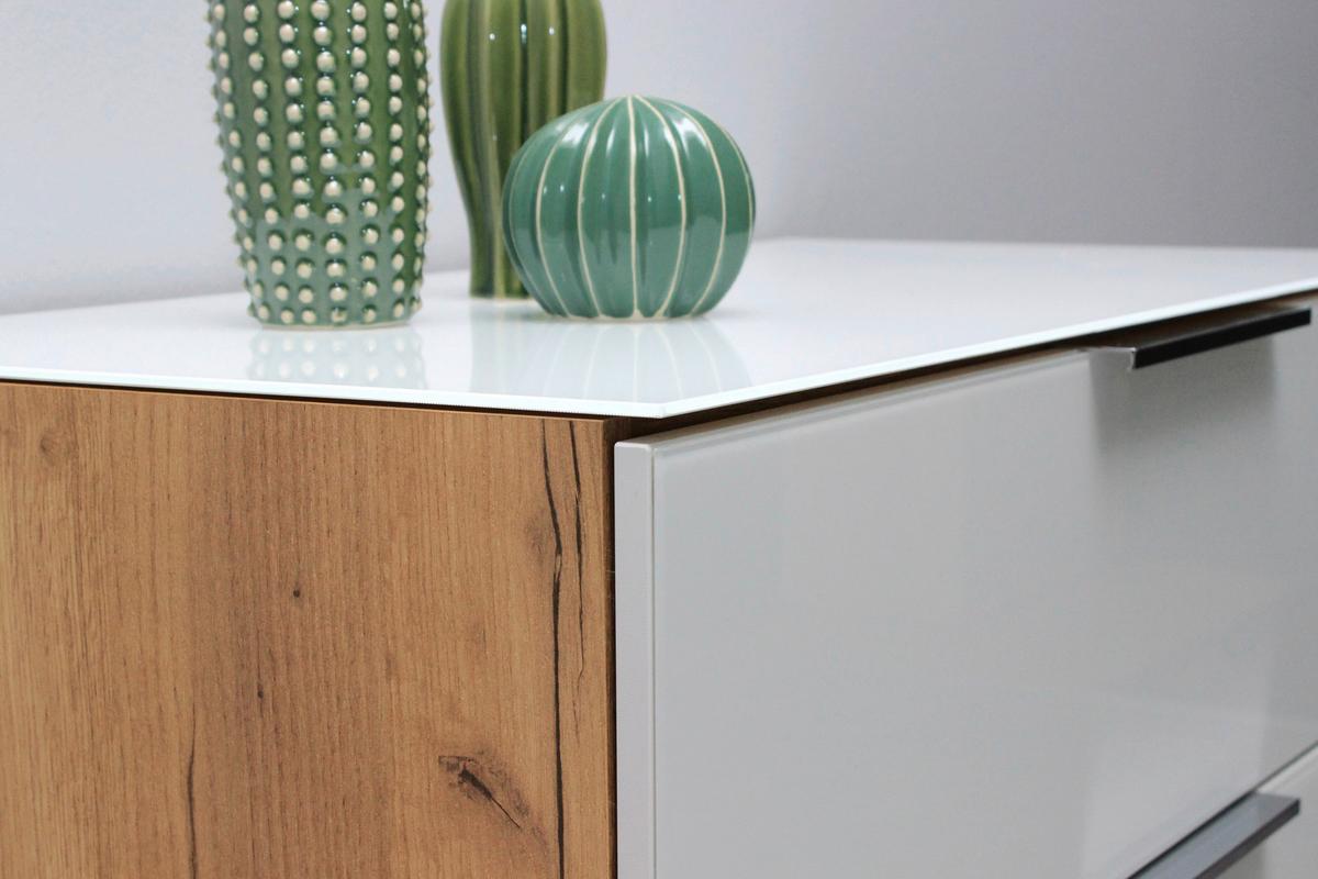 Kommode mit Glasfront B: 83 cm GW-Oakland, Weiß/Eiche Dekor - Eichefarben/Schwarz, KONVENTIONELL, Glas/Holzwerkstoff (83/102/42cm) - Germania