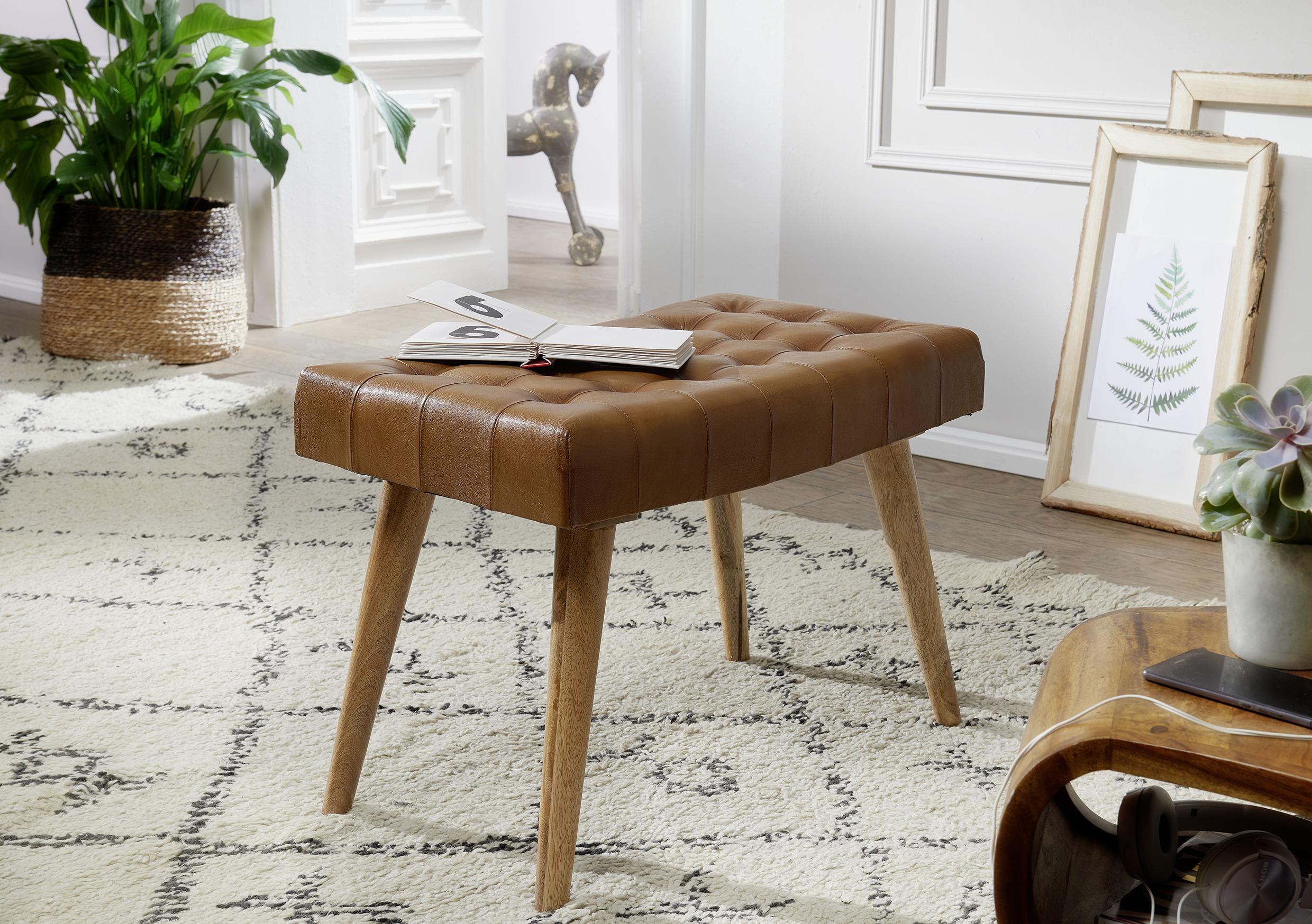 Hocker Ziegenleder Braun Sitz Gepolstert H: 47 cm - Braun, Natur, Leder (67/47/39cm) - MID.YOU