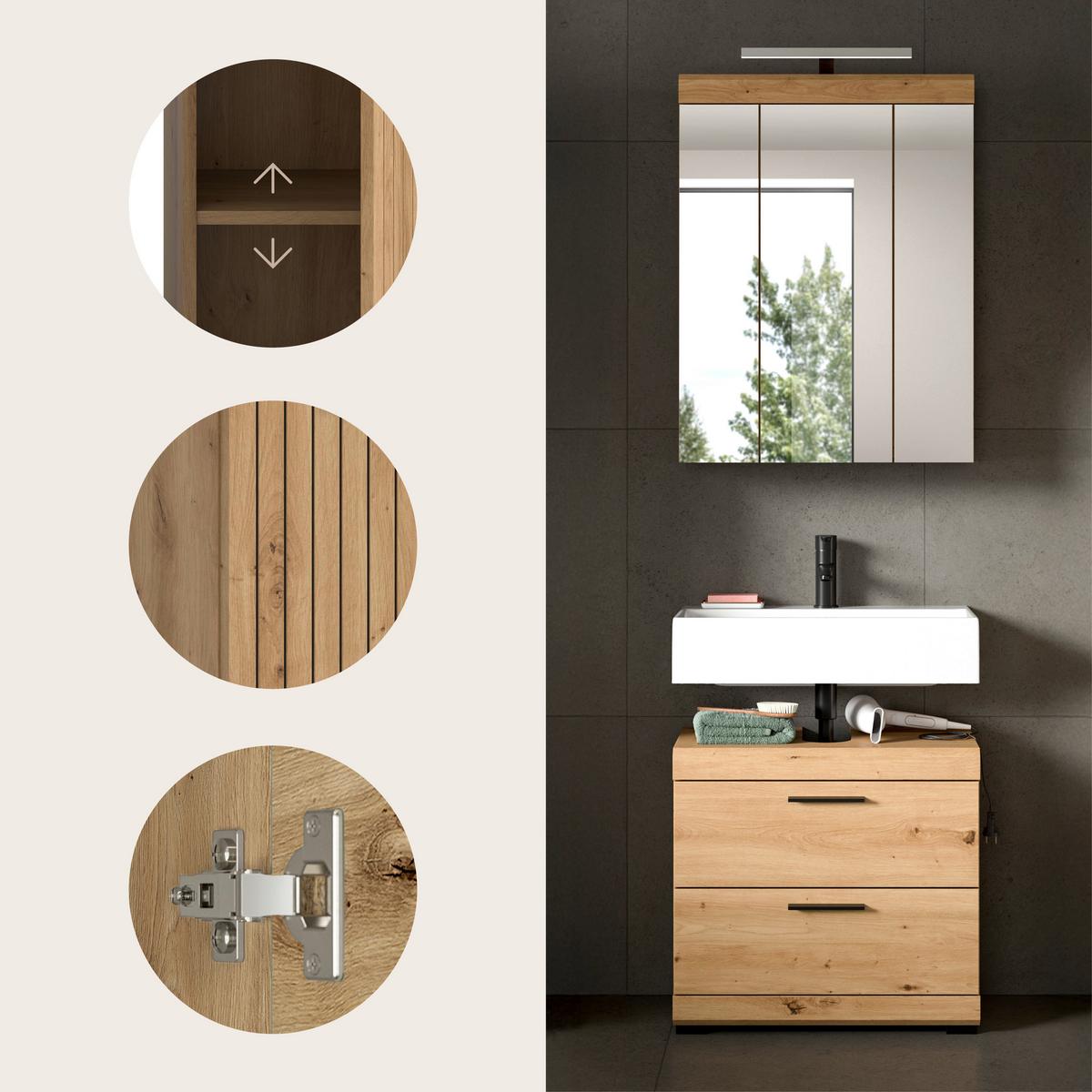 Badezimmer Scout Eiche Artisan Dekor B: 60cm - Schwarz/Eiche Artisan, Trend, Glas/Holzwerkstoff (60cm) - MID.YOU
