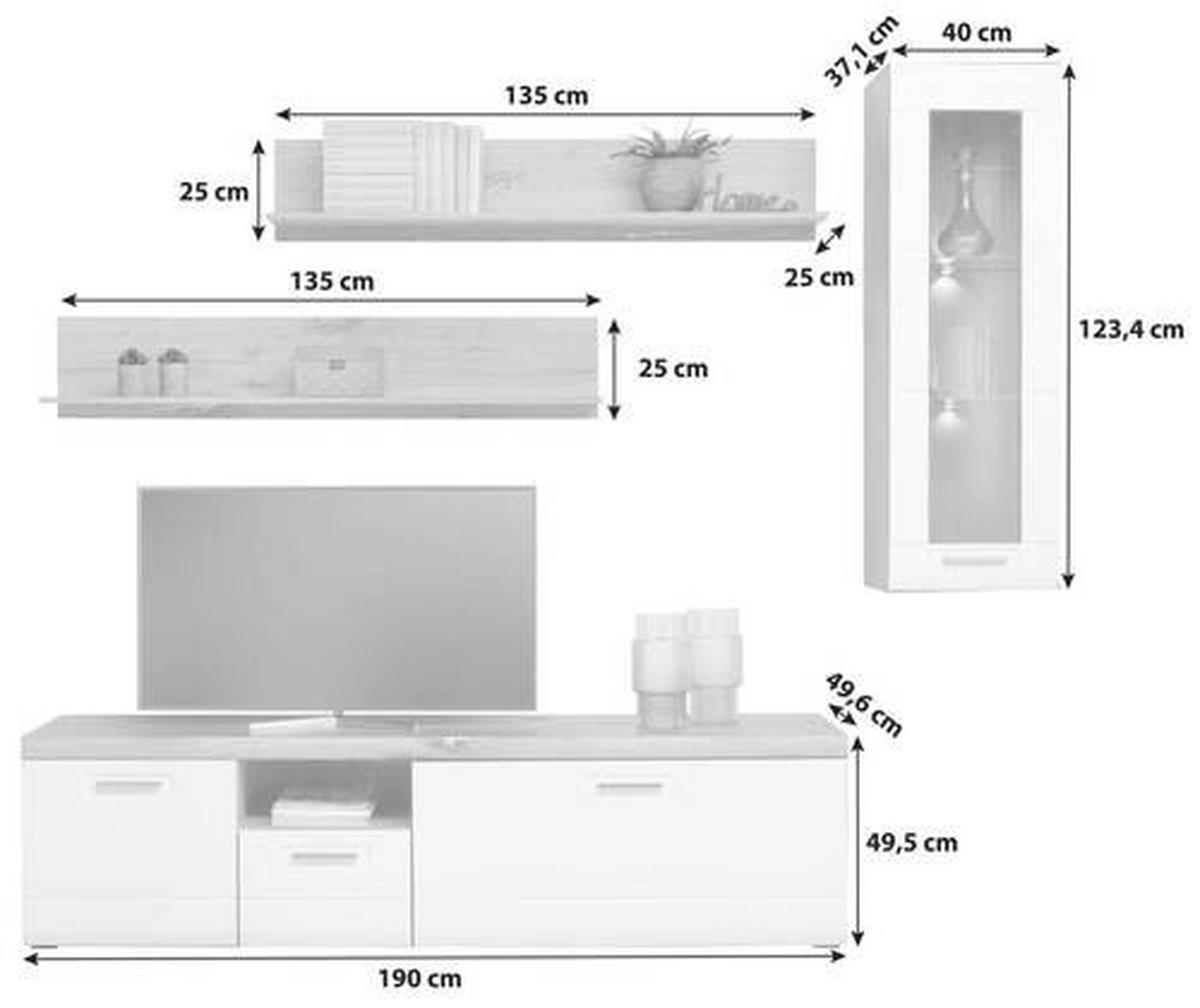 Wohnkombination 4-Tlg. Auris, Weiß/Eiche Dekor - Weiß, MODERN, Glas/Holzwerkstoff (230,3/204,2/49,6cm) - Luca Bessoni