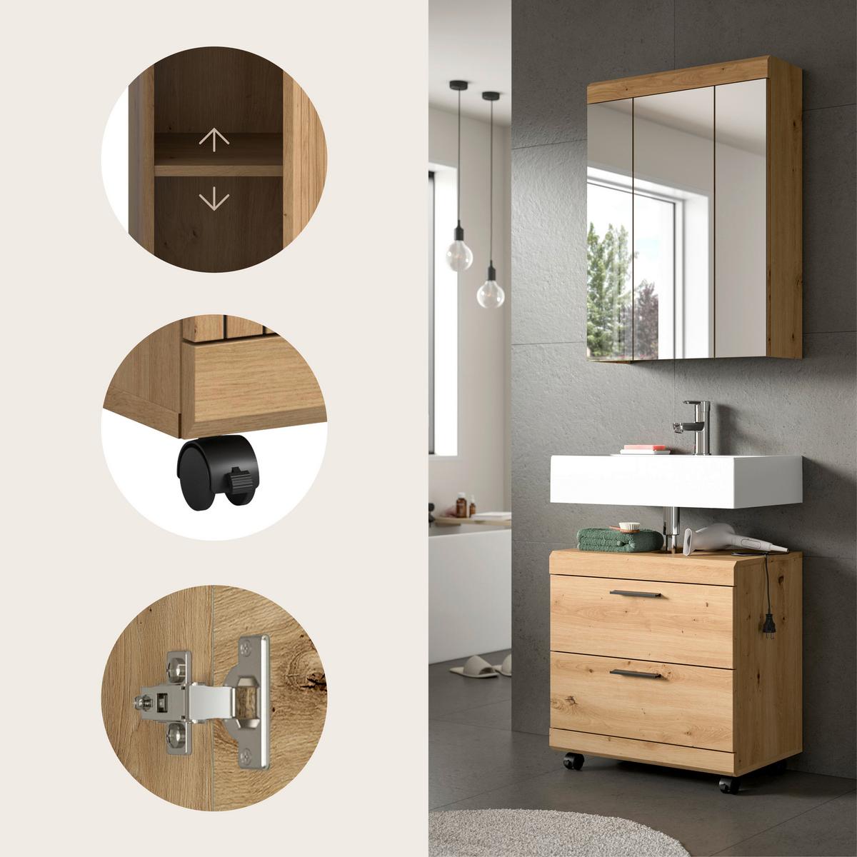 Badezimmer Scout Eiche Artisan Dekor B: 60cm - Schwarz/Eiche Artisan, Trend, Glas/Holzwerkstoff (60cm) - MID.YOU