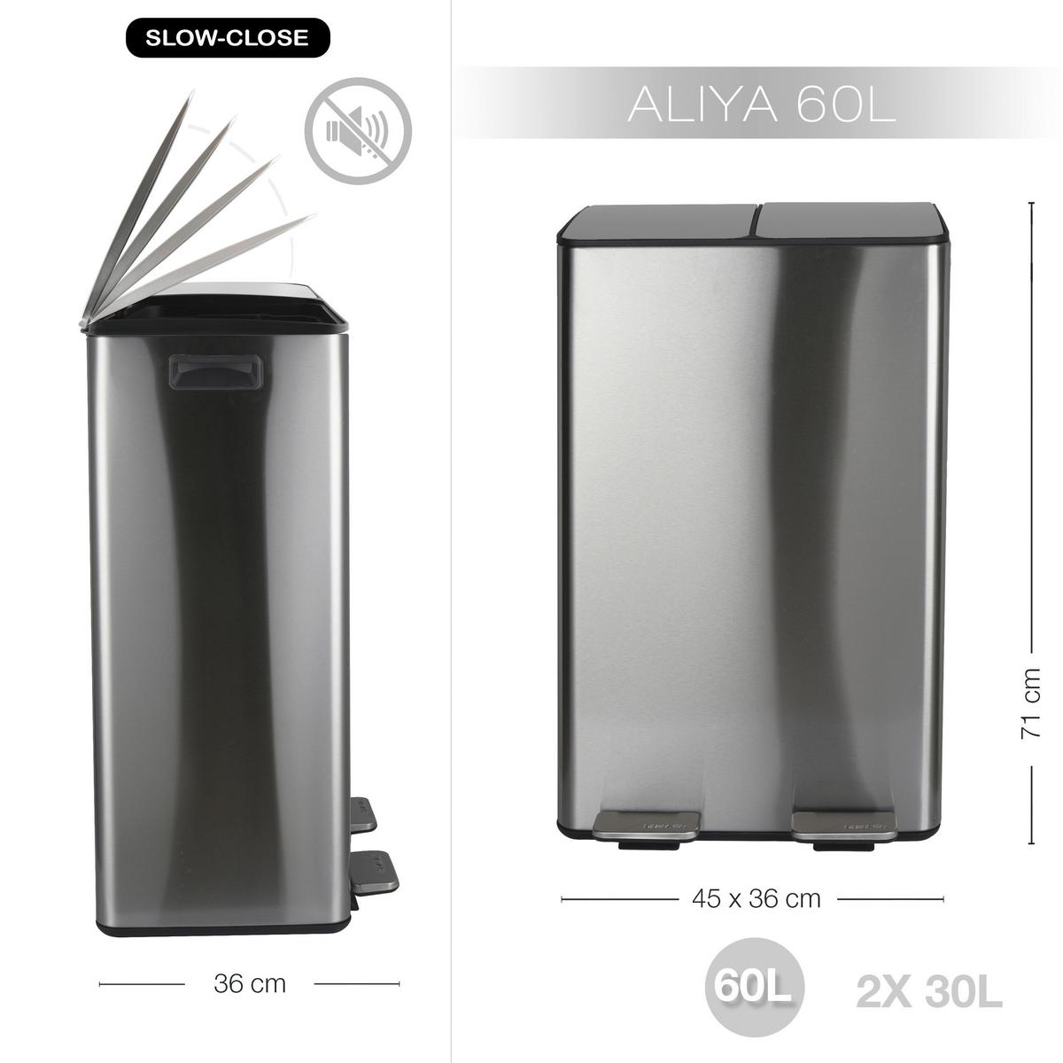 Treteimer Aliya 60l Silber Metall LxBxH: 45x30x71 - Silberfarben/Schwarz, Basics, Kunststoff/Metall (45/30cm) - Spirella
