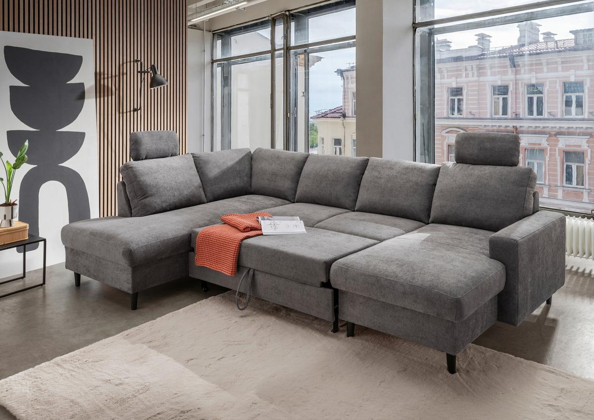 Wohnlandschaft Passione Dunkelgrau U: 200x305x153 cm - Dunkelgrau/Schwarz, MODERN, Textil (200/305/153cm) - Livetastic