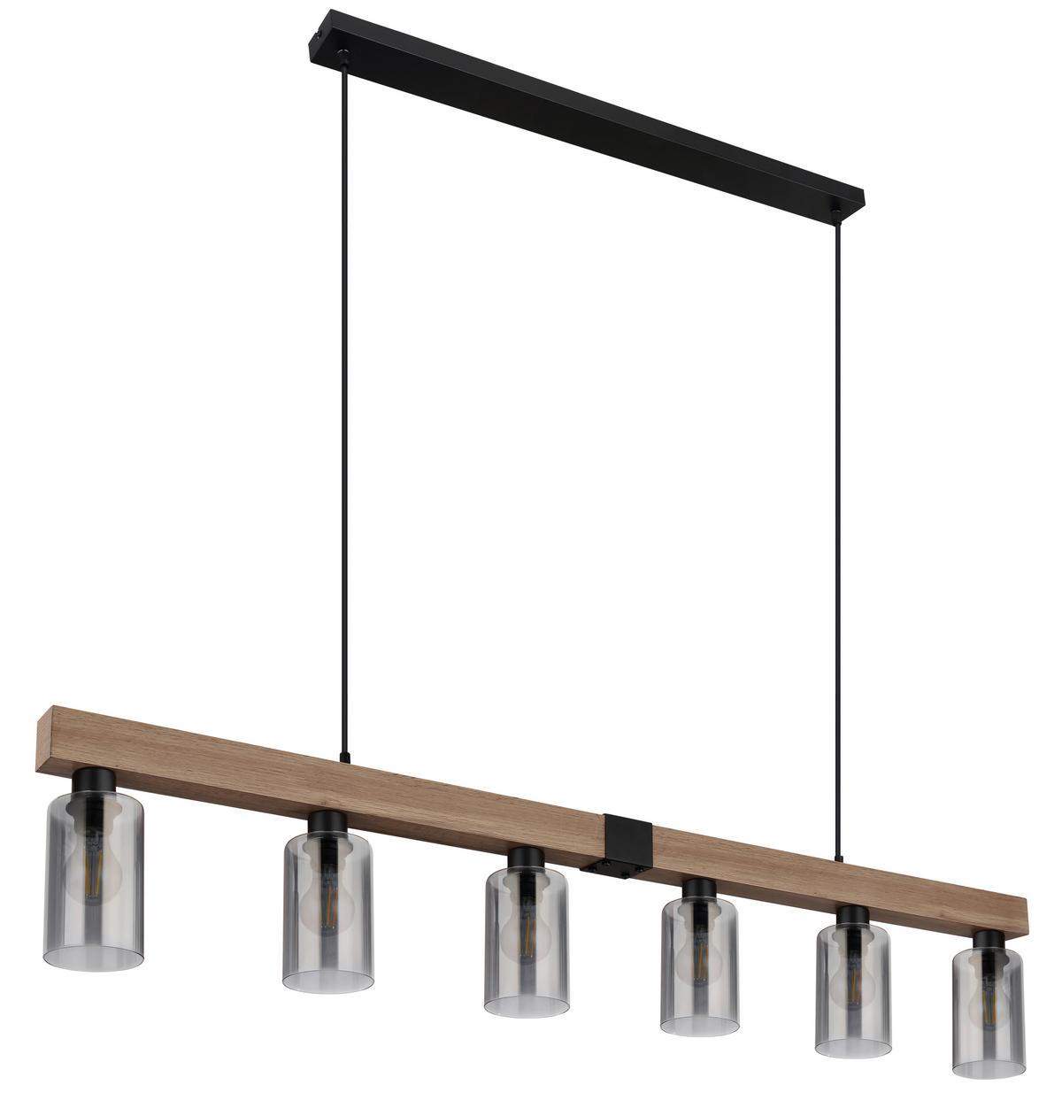 Hängeleuchte Hadera 6-flammig Höhenverstellbar Mit Rauchglas - Dunkelbraun/Schwarz, Natur, Glas/Holzwerkstoff (140/10/120cm) - Globo