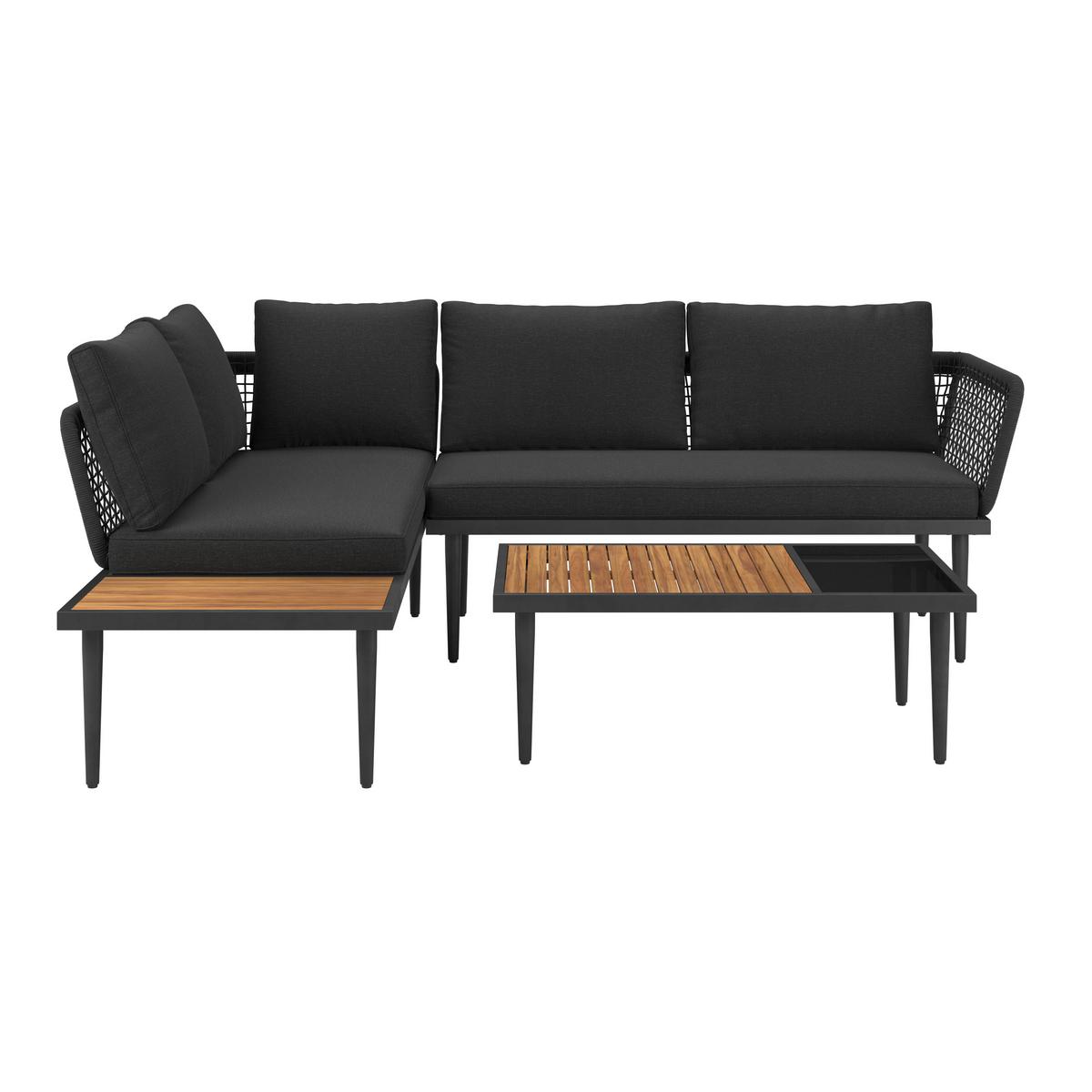 Loungegarnitur Nara - Schwarz/Akaziefarben, MODERN, Glas/Holz (185/146,5cm) - Beldano