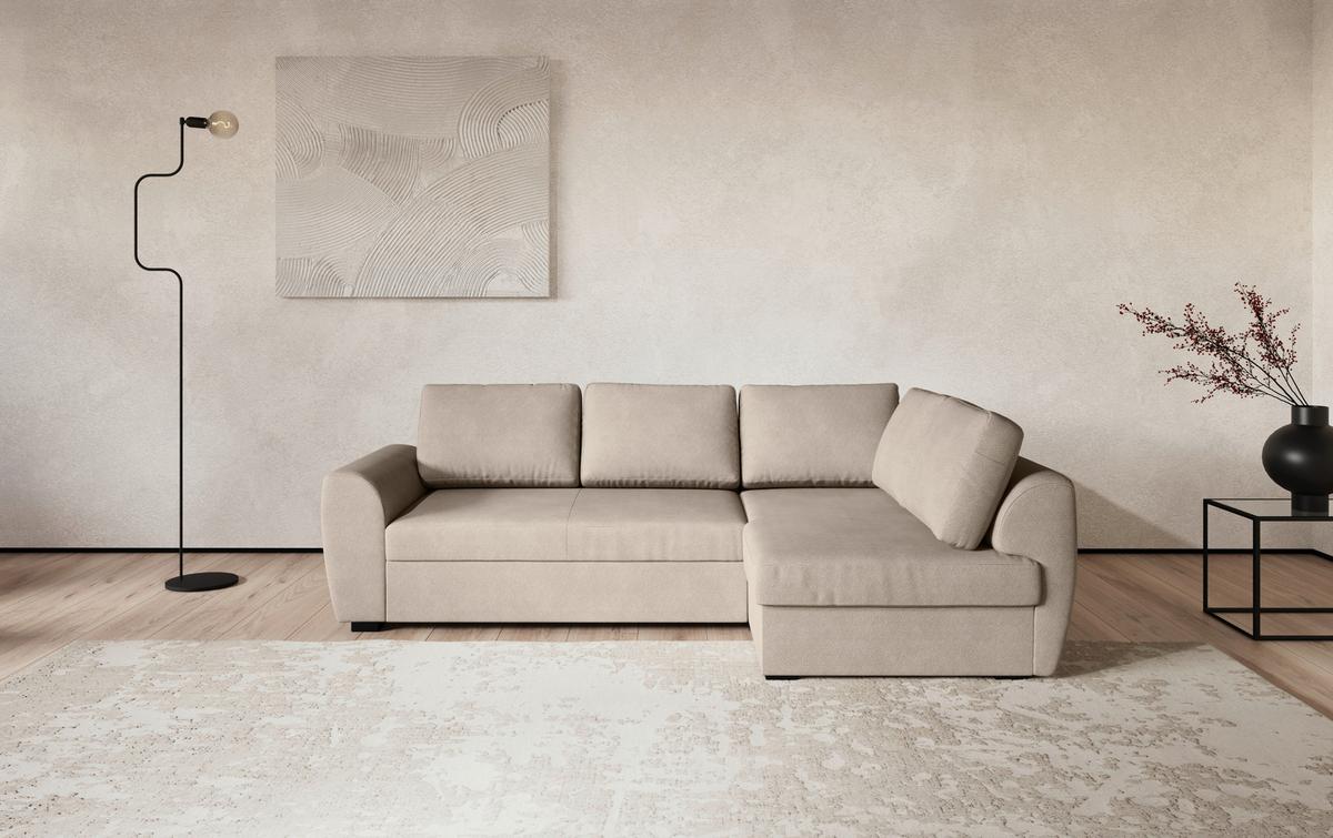 Ecksofa mit Bettfunktion Drift Microfaser natur, B: 253cm - Schwarz/Naturfarben, Trend, Textil (253/154cm)