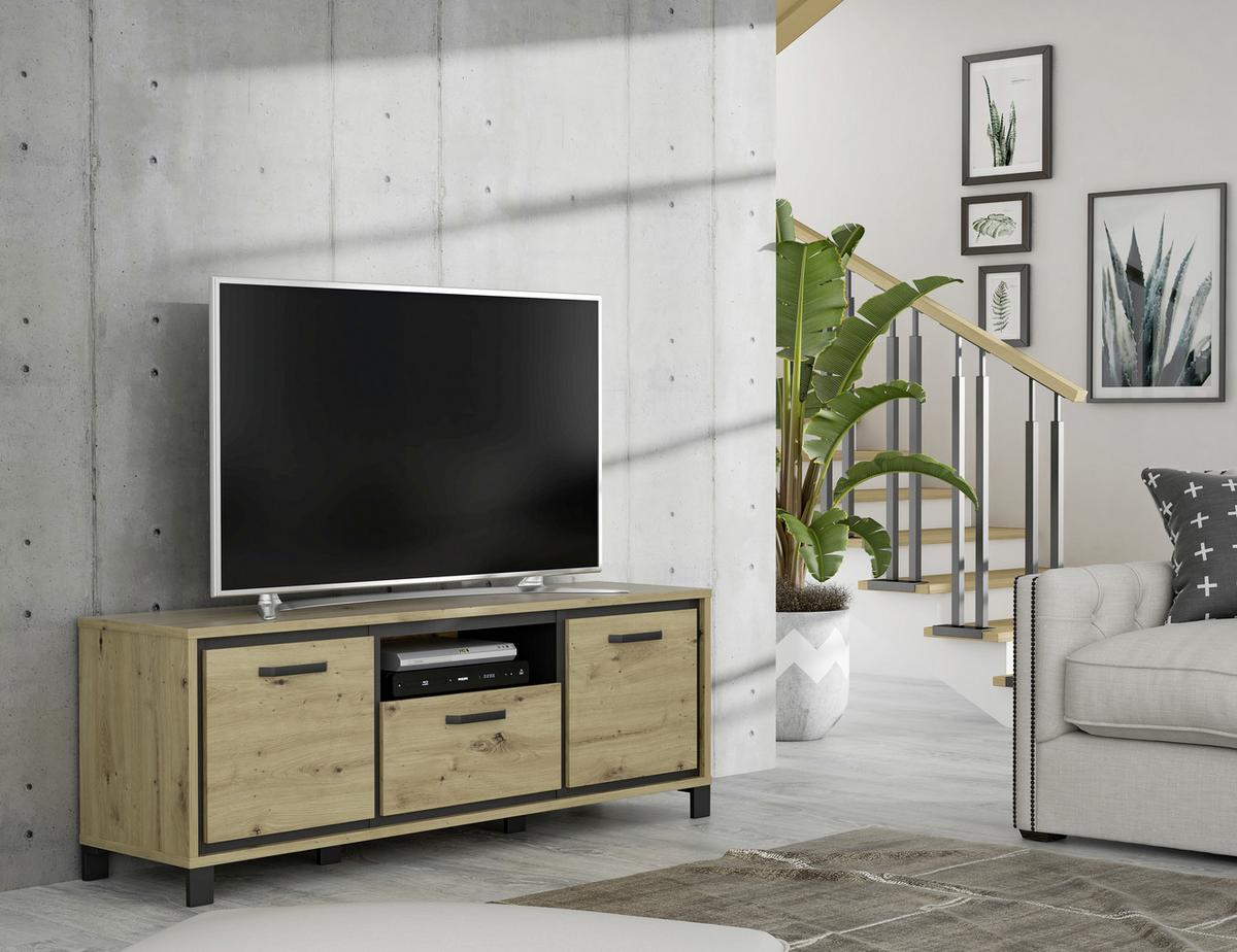 TV-Element Trondheim B: 158,4 cm Eiche Dekor/Schwarz - Eichefarben/Schwarz, Basics, Holzwerkstoff/Kunststoff (158,4/58,9/41,5cm) - Livetastic
