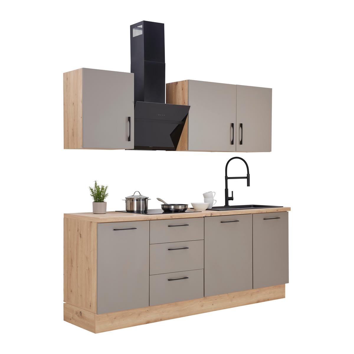 Kuchynský blok LINZ šírka 220 cm, bez spotrebičov - čierna/sivá, Modern, kov/kompozitné drevo (220cm)