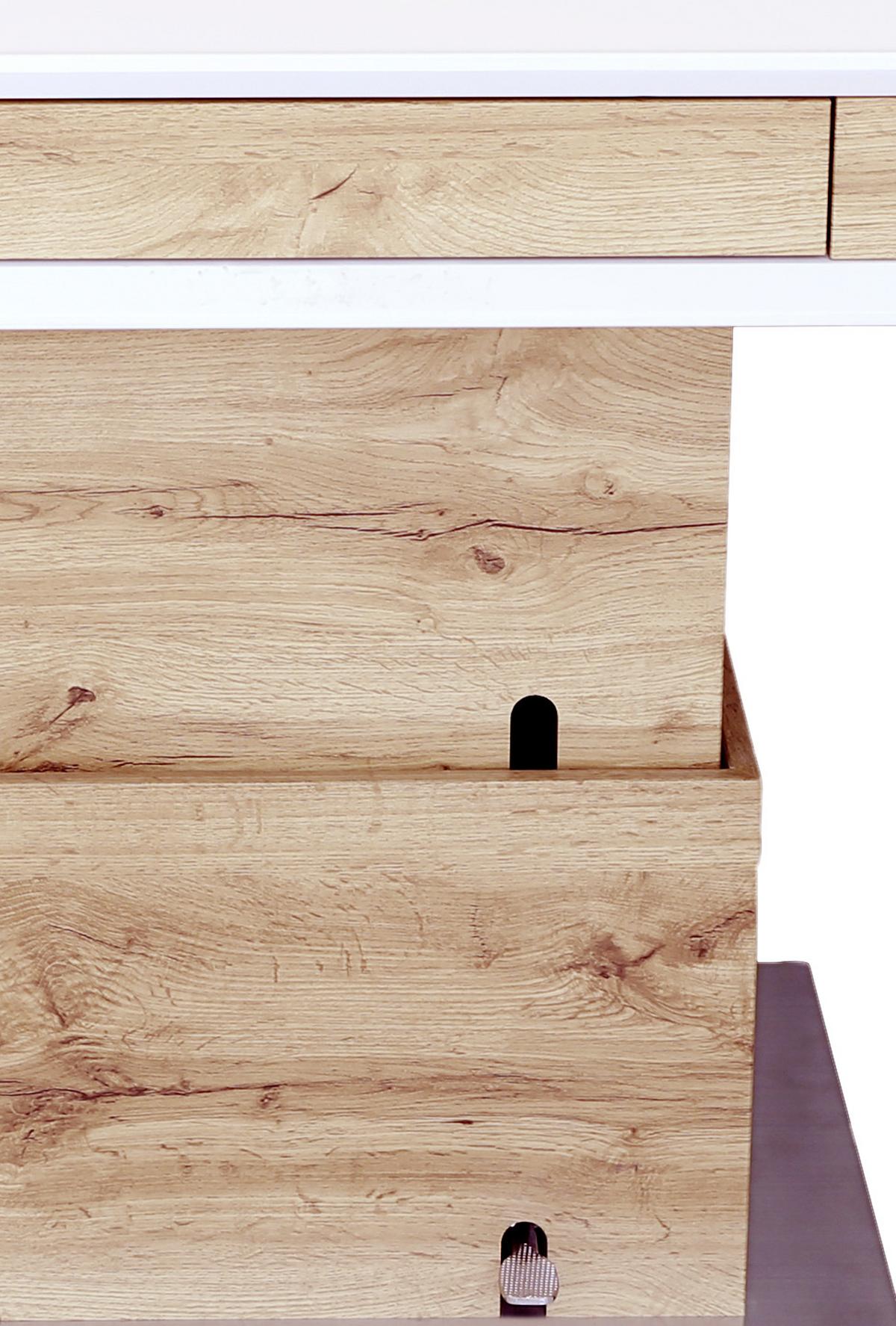 Couchtisch Mit Lade Kopenhagen, Eiche Dekor/weiß - Edelstahlfarben/Eichefarben, MODERN, Holzwerkstoff/Metall (130/49-78/70cm)