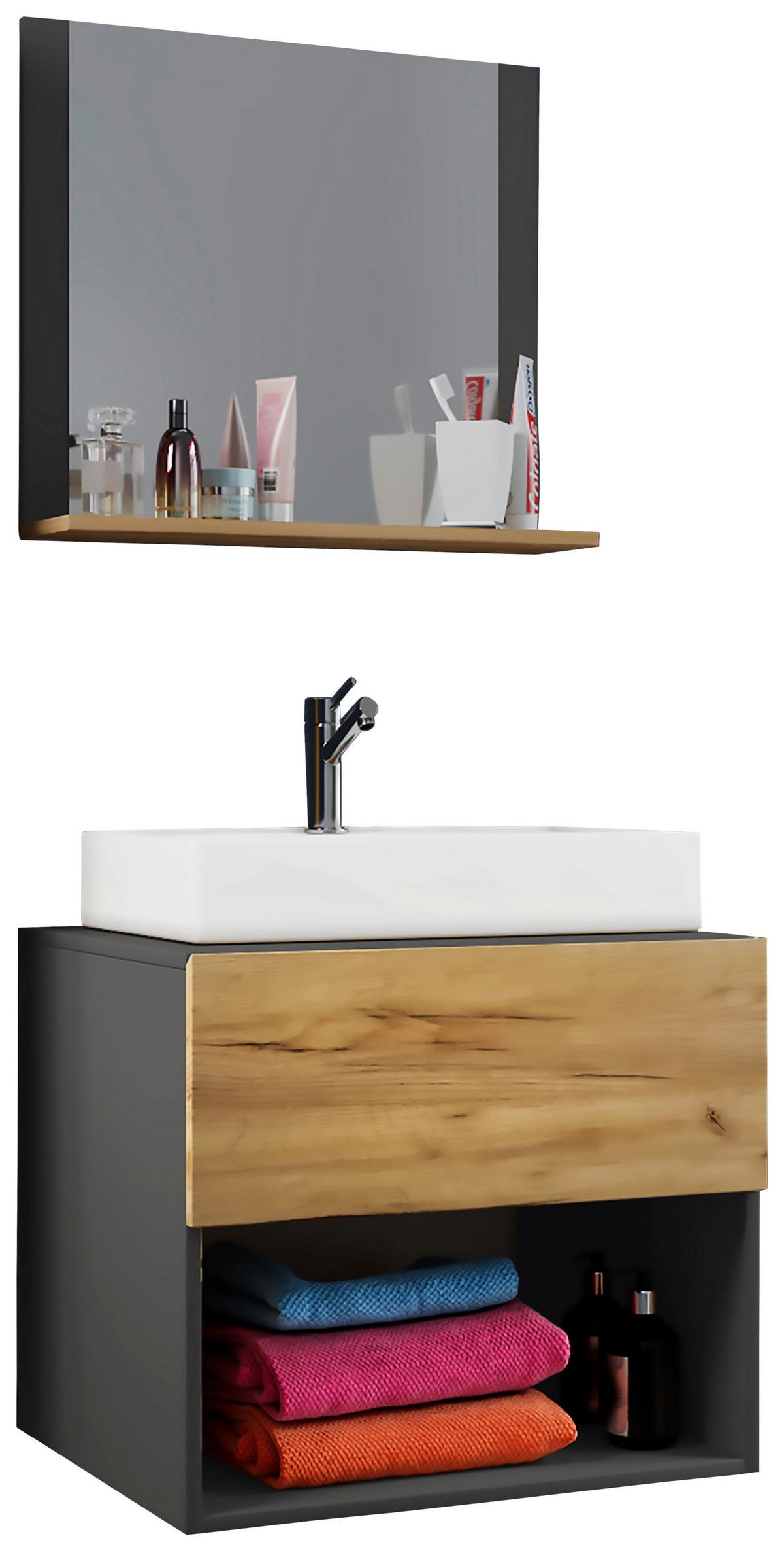 Badmöbel-set 3-tlg. Lendas B: 60 Cm Anthrazit/eiche Dekor - Honigeiche/Anthrazit, MODERN, Glas/Keramik (60cm) - MID.YOU