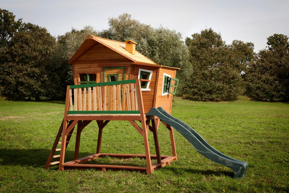 Spielhaus Holz Mit Rutsche Und Kletterwand Braun Grün Max - Braun/Naturfarben, KONVENTIONELL, Holz (435/291/180cm) - Ambia Garden