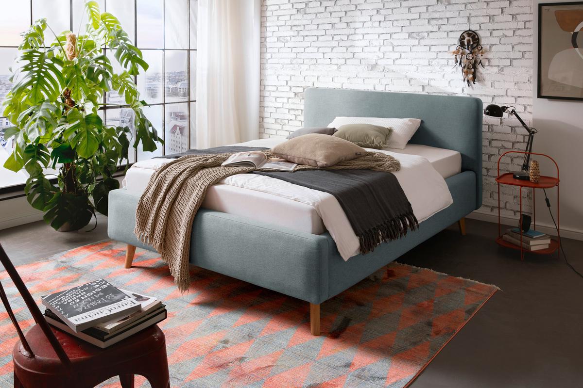 Polsterbett Mattis 140x200cm Blau, inkl. Bettkasten - Blau/Eichefarben, Design, Holz/Textil (140/200cm) - Livetastic