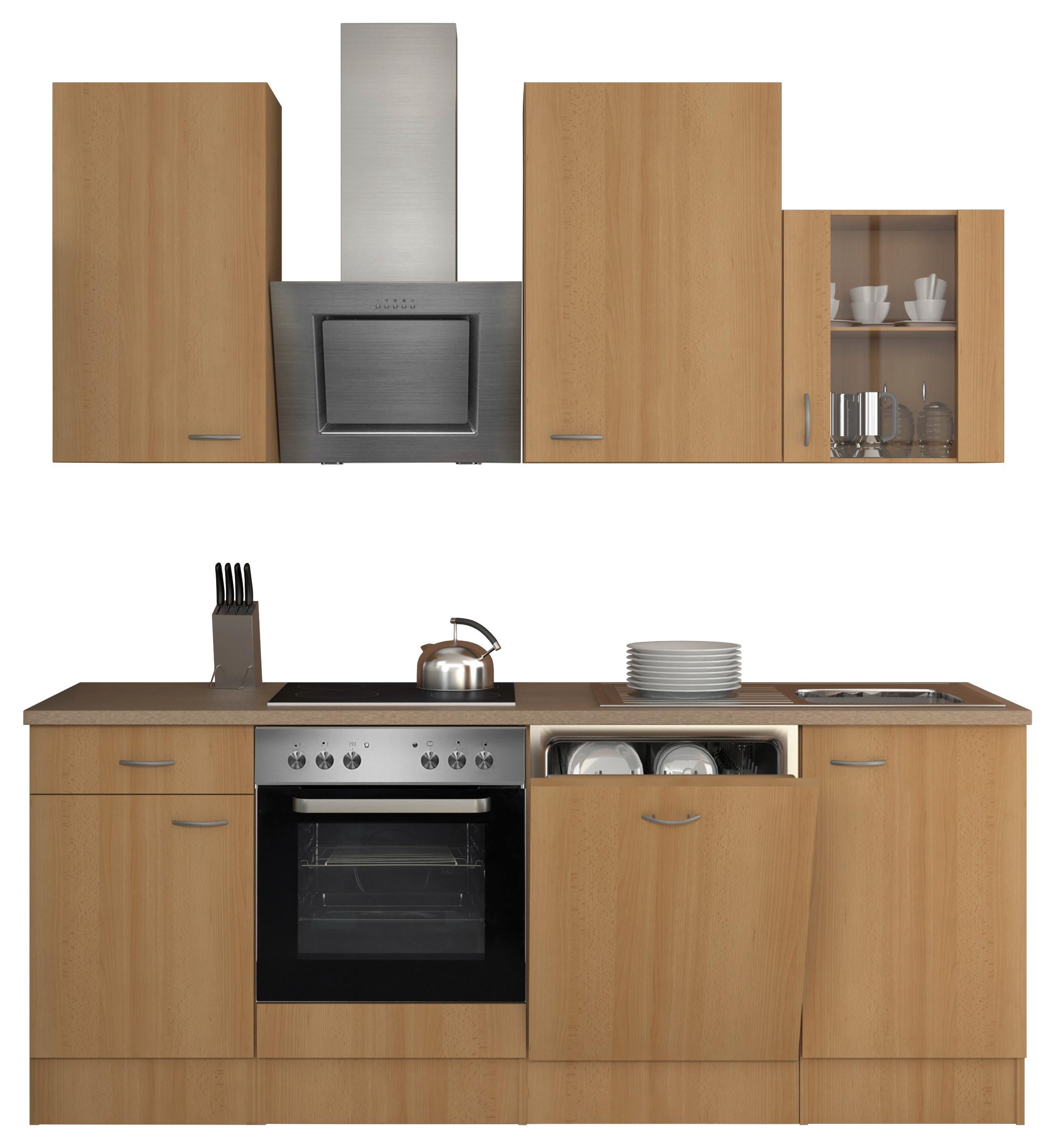 Küchenzeile Nano M. Geräten 220 Cm Creme/buche Dekor - Beige/Buchefarben, MODERN, Glas/Holzwerkstoff (220cm) - FlexWell