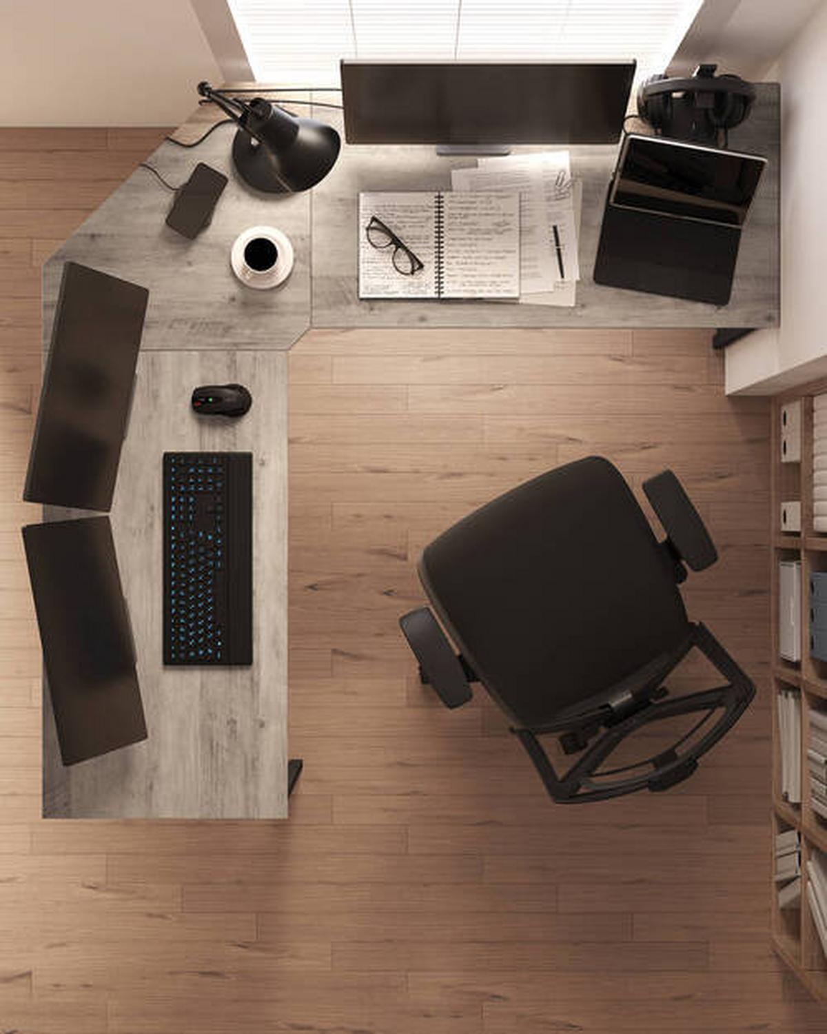 Eckschreibtisch Iron B: 149 Cm, H:  75 Cm - Eiche grau/Schwarz, Basics, Holzwerkstoff/Metall (149/149/75cm) - Boxxx