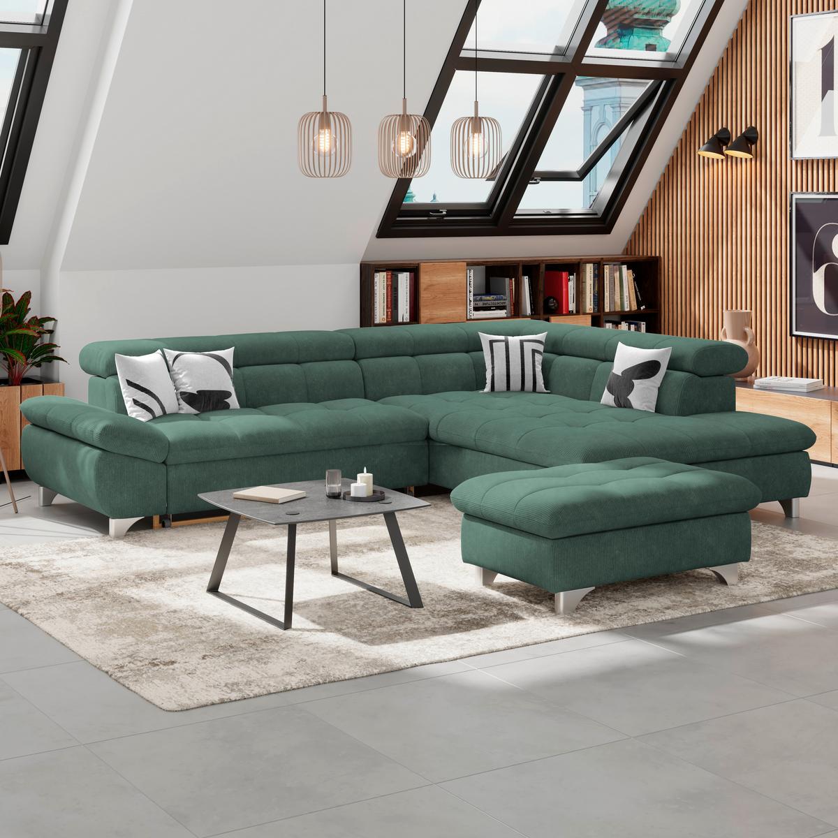 Ecksofa Gemini Waldgrün, B: 312cm - Waldgrün/Chromfarben, KONVENTIONELL, Textil (312/234cm)