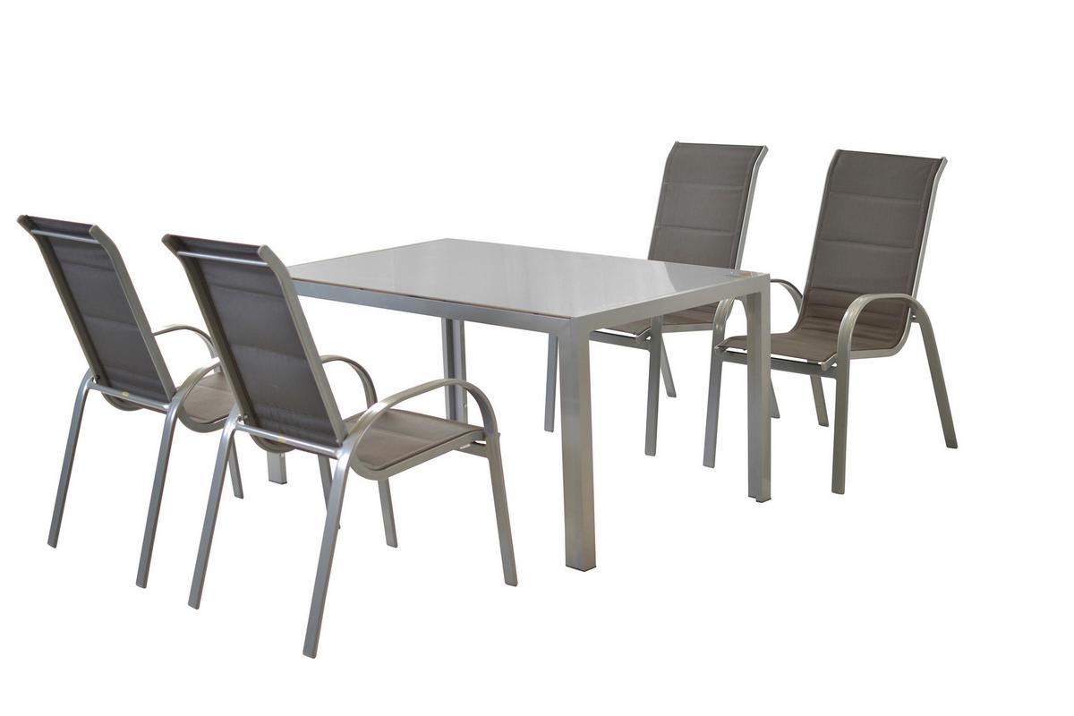 Gartentischgruppe Amaro 5--Teilig. Aus Aluminium - Anthrazit/Silberfarben, KONVENTIONELL, Glas/Textil - Gardenson