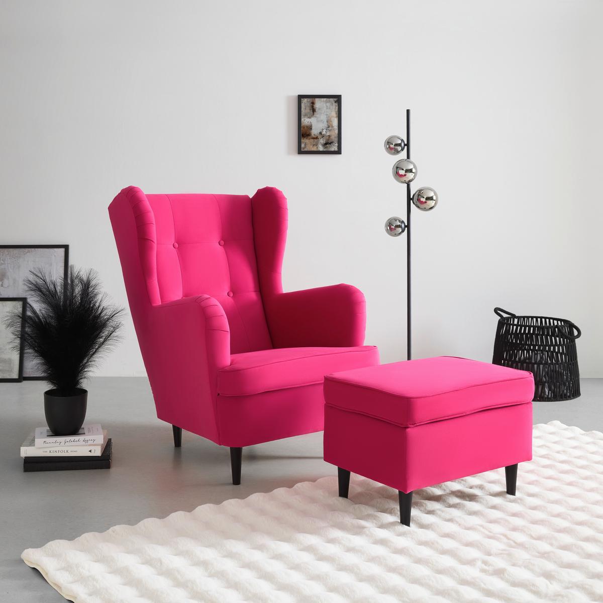 Taburetka OSKAR, ružový velúr - čierna/pink, drevo/kompozitné drevo (63/43/42cm) - Mömax