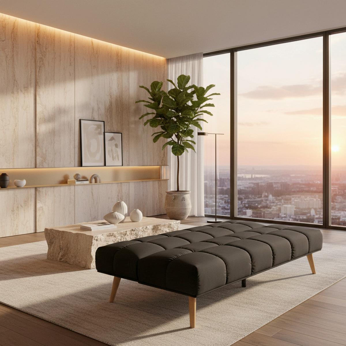 Rozkládací pohovka ALVA, černá - černá/přírodní barvy, Moderní, dřevo/textil (185/80/88cm) - Bessagi Home