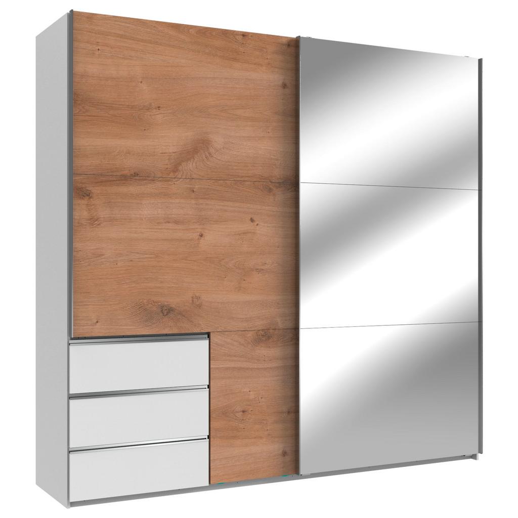 Schwebetürenschrank B: 250 cm Level, Weiß/Eiche Dekor