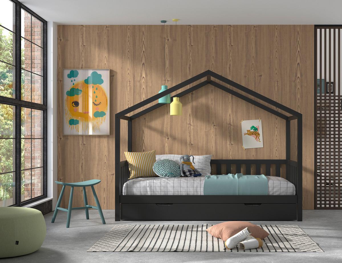 Dětská postel se stříškou s roštem a zásuvkou 90x200cm - antracitová, Romantický / Rustikální, dřevo (90/200cm) - MID.YOU