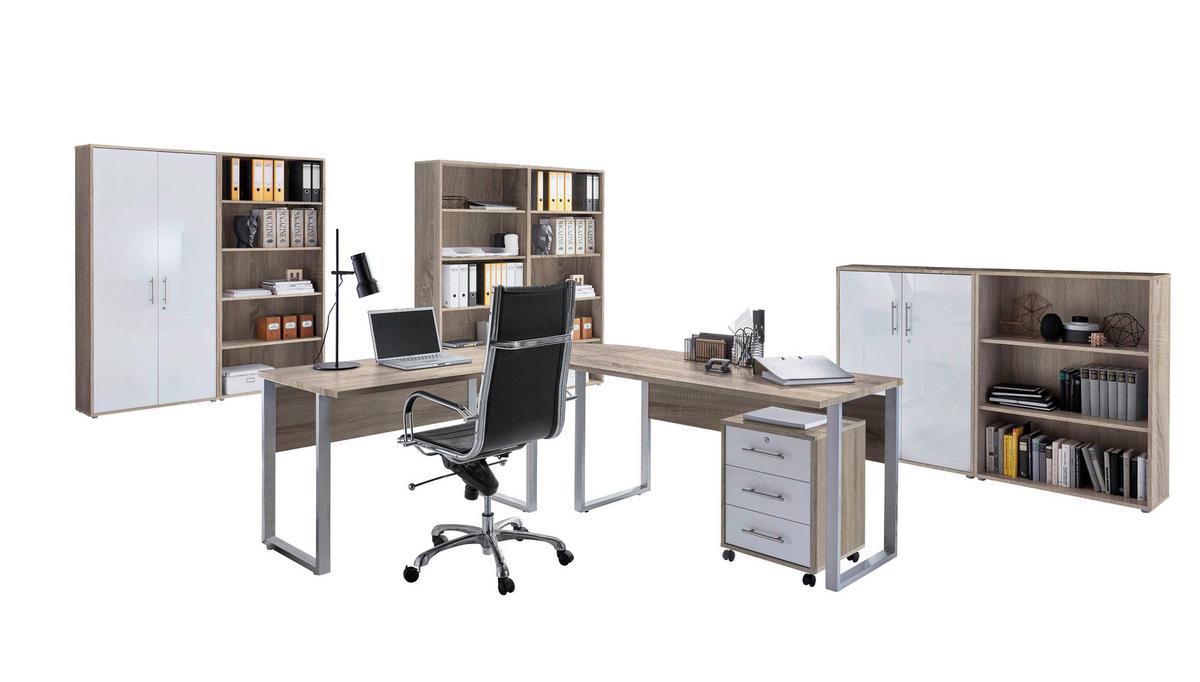 Büro Office Edition Eiche Dekor/Weiß Hochglanz - Weiß Hochglanz/Sonoma Eiche, MODERN, Holzwerkstoff/Metall - MID.YOU