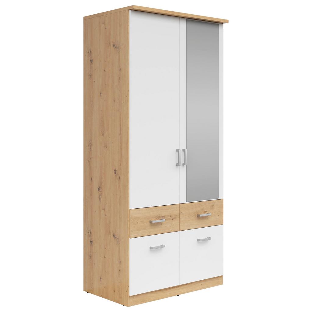 Drehtürenschrank mit Laden 91cm Brando, Weiß/Eiche Dekor