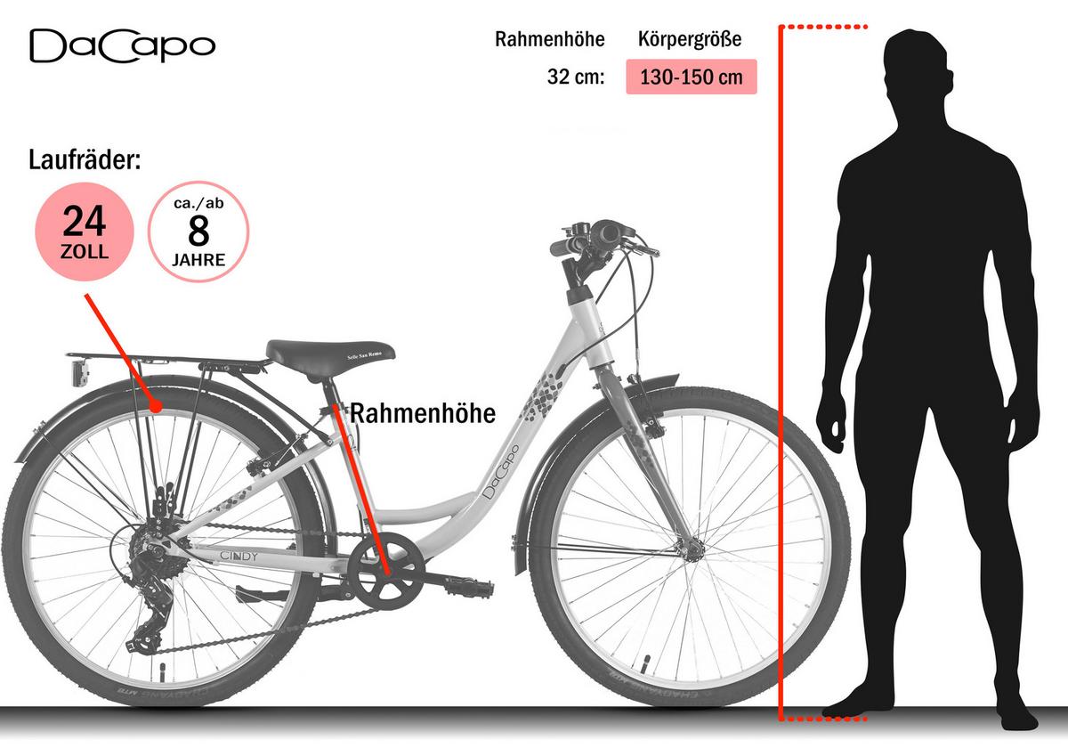 Kinderfahrrad Dacapo Cindy 24 Zoll, Rh 32cm - Weiß, Basics, Metall (25/140/60cm)