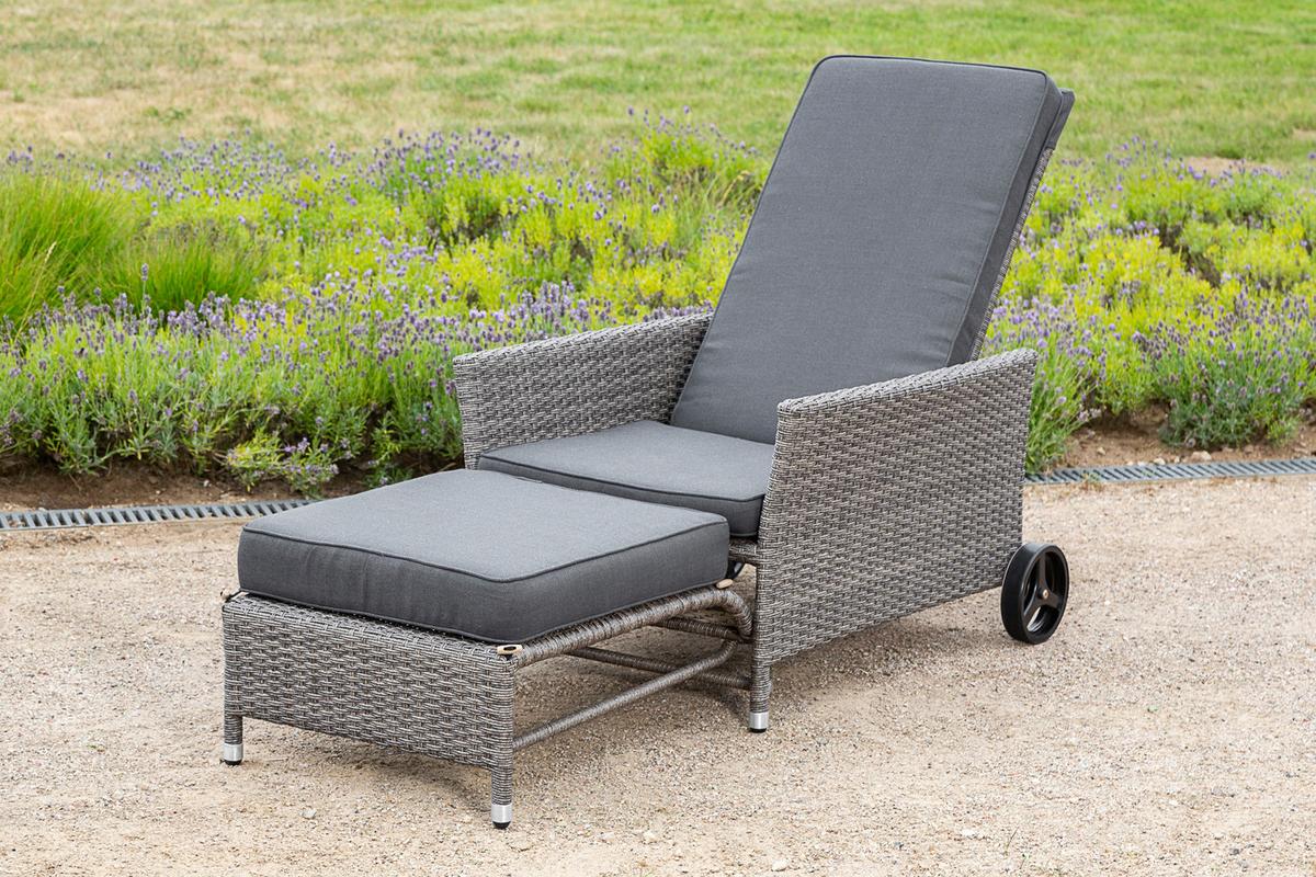Gartenliege Komfort Mit Auflage, Rollen + Fußhocker - Dunkelgrau/Grau, KONVENTIONELL, Kunststoff/Textil (68/105/175cm) - Gardenson