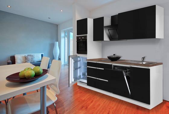 Grifflose Küche in Schwarz Hochglanz mit Geschirrspüler Moderner Küchenblock mit Elektrogeräten