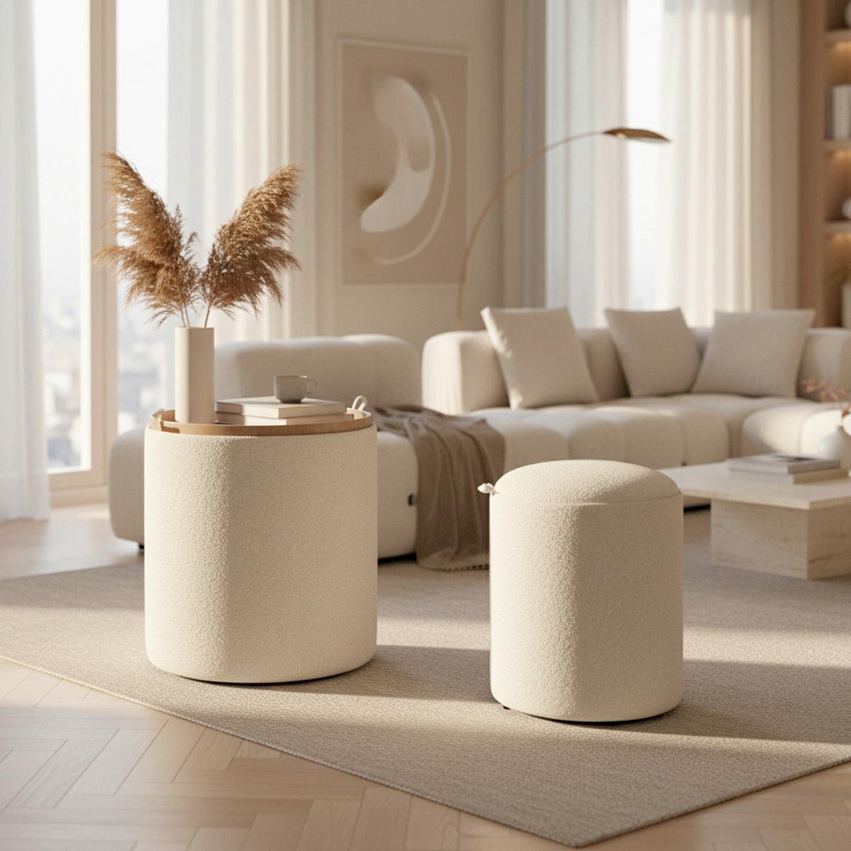 Sada taburetek MELANIE, bílé buklé - bílá, Moderní, kompozitní dřevo/textil (44cm) - Bessagi Home