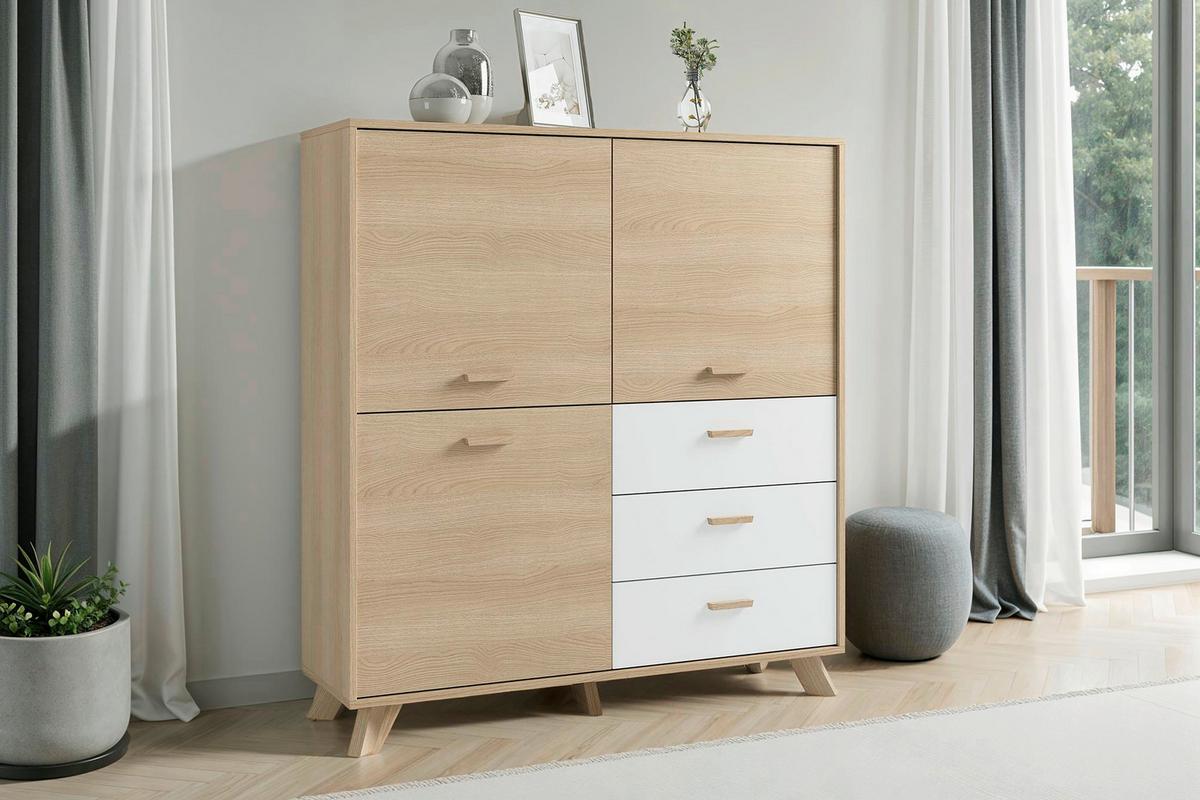 Highboard Bastian Eiche Bianco/Weiß B: 120 cm - Eiche Bianco/Eichefarben, Design, Holz/Holzwerkstoff (120/131/36,5cm) - MID.YOU