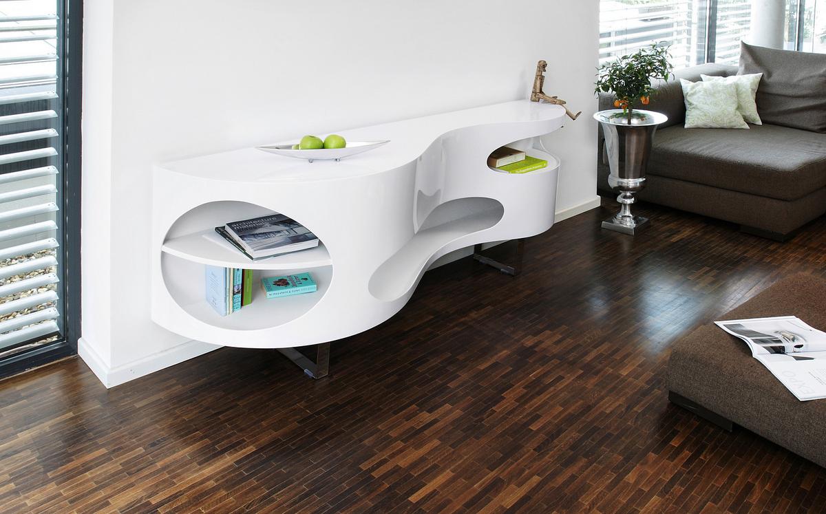 Sideboard Weiß Hochglanz B: 200cm - Edelstahlfarben/Weiß Hochglanz, Design, Holzwerkstoff (200/60/50cm) - Livetastic