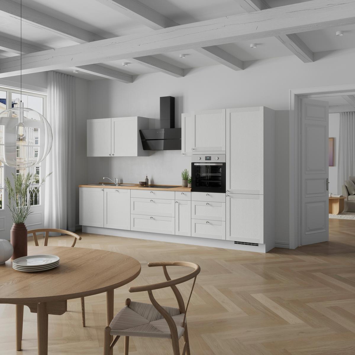 Kuchynská linka 360 cm, biela / dub Sierra - biela/farba ušľachtilej ocele, Romantik / Landhaus, kov/kompozitné drevo (360cm) - Nobilia