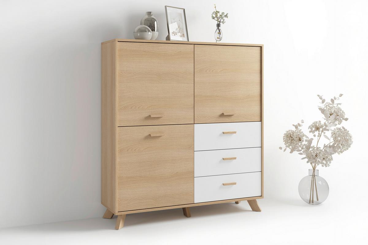 Highboard Bastian Eiche Bianco/Weiß B: 120 cm - Eiche Bianco/Eichefarben, Design, Holz/Holzwerkstoff (120/131/36,5cm) - MID.YOU