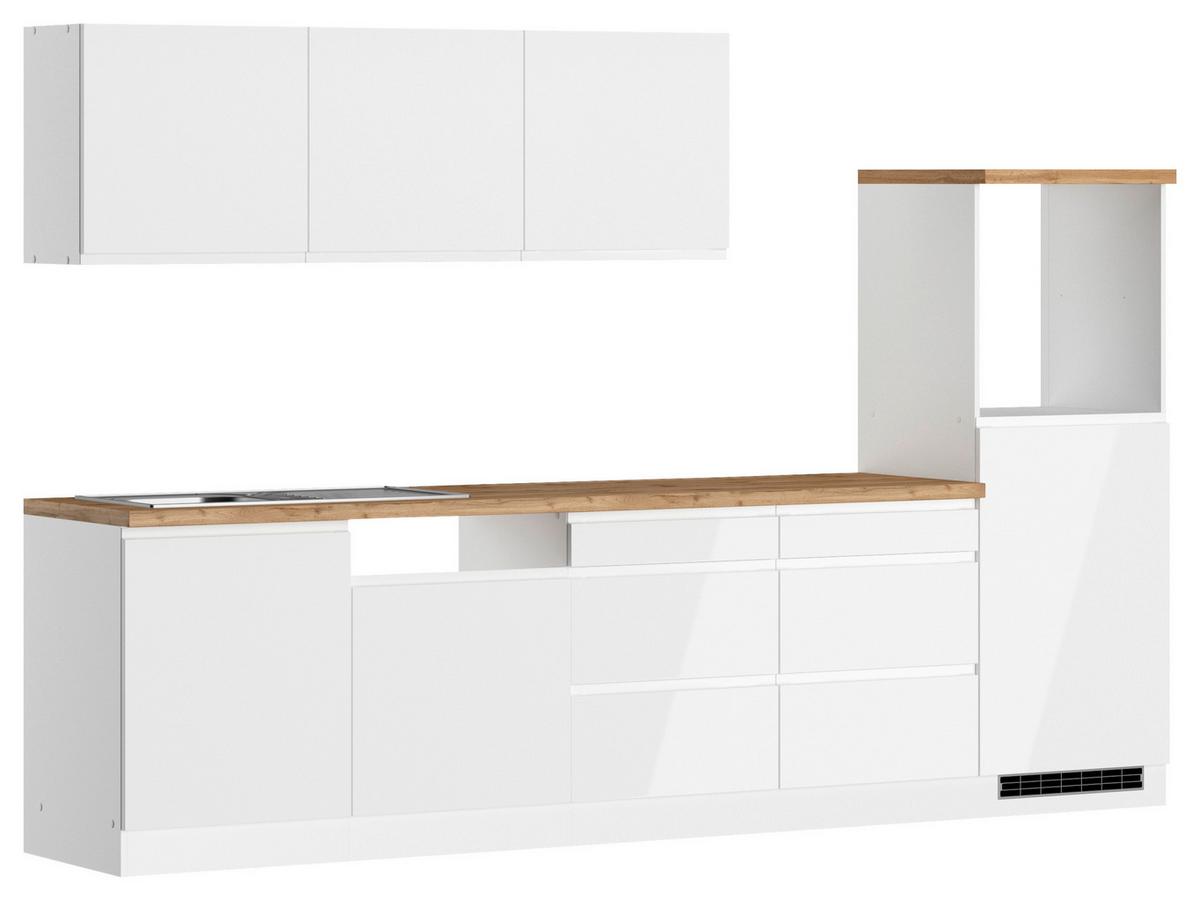 Küchenzeile Monza ohne Geräte B: 300 cm Weiß/Eiche Dekor - Weiß Hochglanz/Eiche Wotan, LIFESTYLE, Holzwerkstoff (300cm) - Held