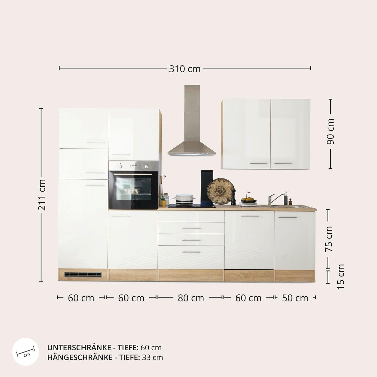 Küchenzeile Laurel ohne Geräte 310 cm Eiche/Weiß Hochglanz - Weiß/Sonoma Eiche, MODERN, Holzwerkstoff (310cm) - MID.YOU