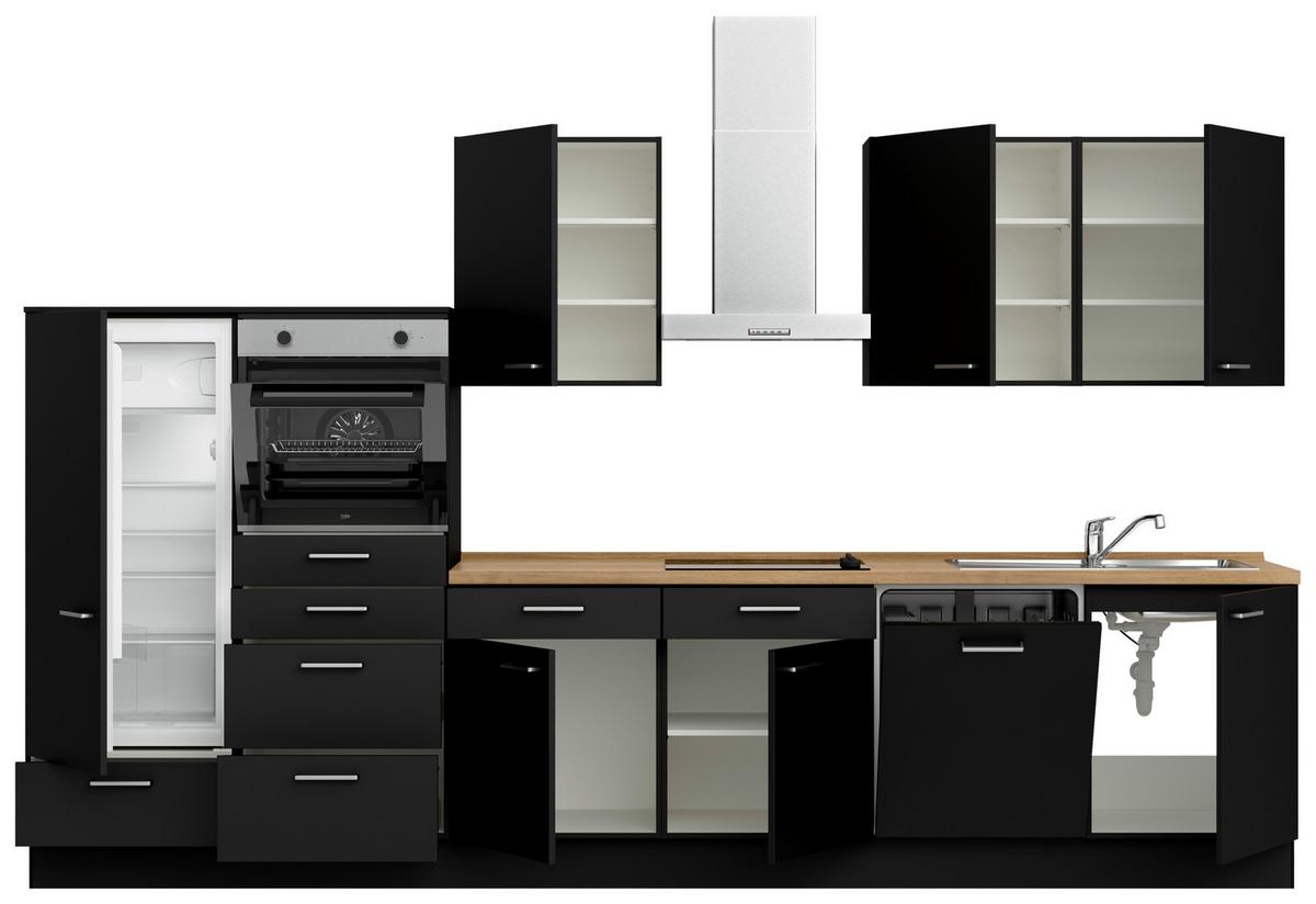 Kuchynská linka 360 cm, čierna matná - čierna/farba ušľachtilej ocele, Modern, kov/kompozitné drevo (360cm) - Nobilia