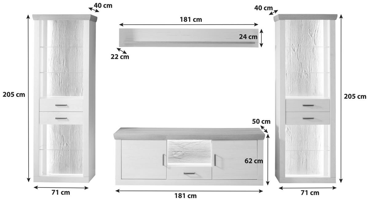 Wohnkombination 4-Tlg. Madrid Eiche-/Pinienfarben - Eichefarben/Schwarz, Design, Glas/Holzwerkstoff (343/205/50cm) - MID.YOU