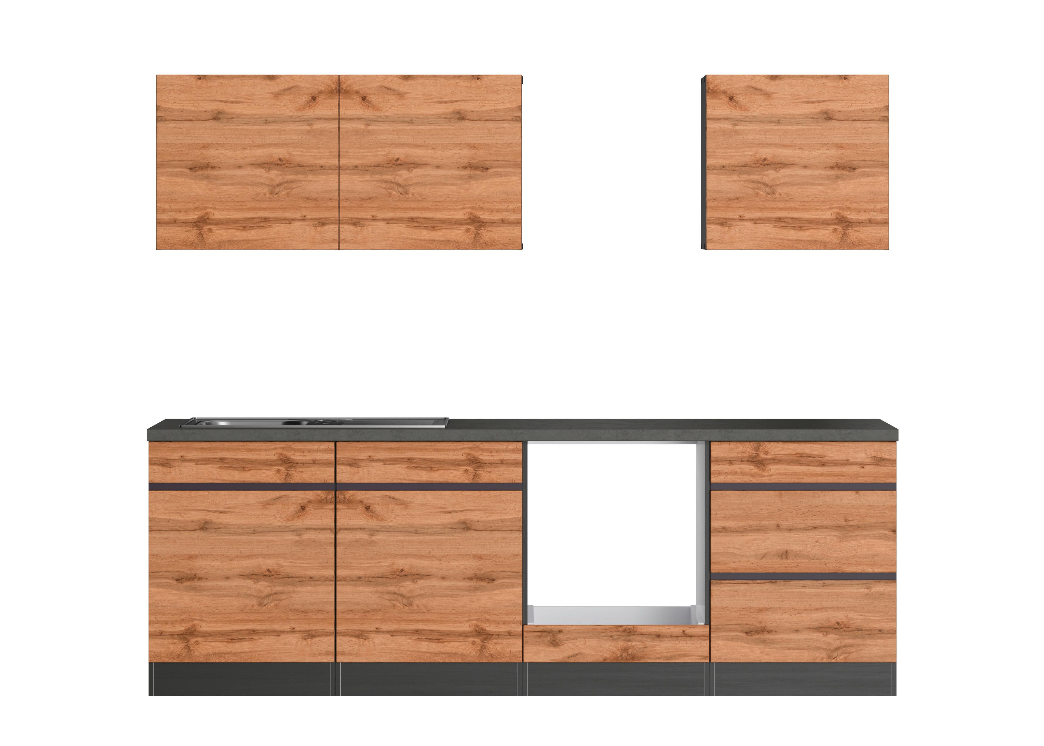 Küchenzeile Turin ohne Geräte 240 cm Graphitfarben/Eichef. - Eiche Wotan/Graphitfarben, Design, Holz/Holzwerkstoff (240cm) - Held
