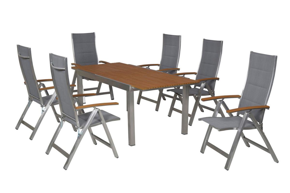 Gartentischgruppe San Remo 7 -Teilig. Grau/Natur/Silberfarben - Silberfarben/Naturfarben, KONVENTIONELL, Kunststoff/Textil - Gardenson