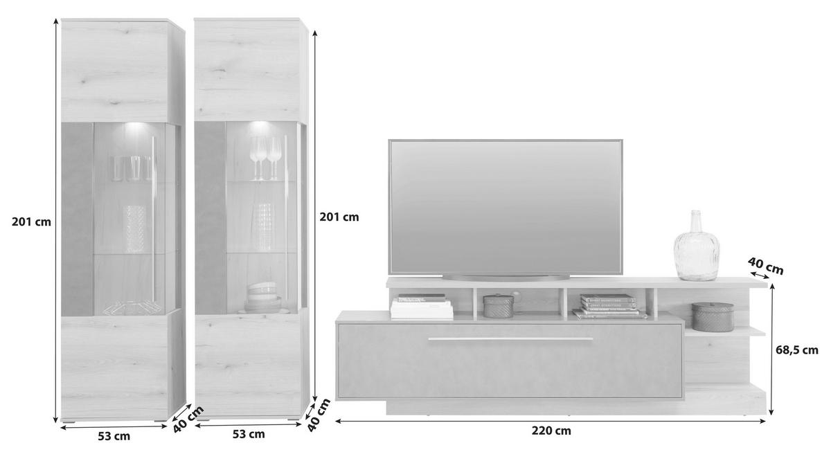 Wohnkombination Modern 3-Tlg. Limit Eiche Dekor/Matera - MODERN, Glas/Holzwerkstoff (326/201/40cm)