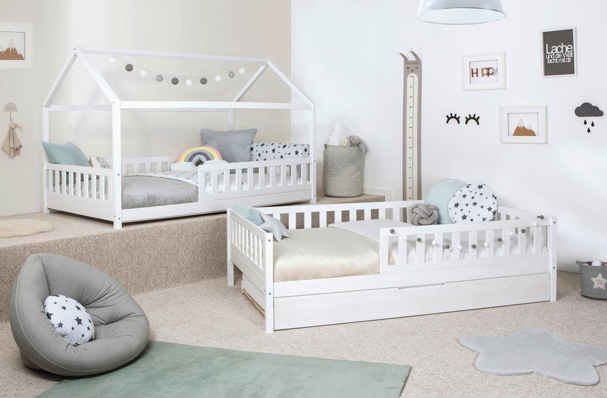 Bodenbett 100/200 Cm In Weiß Inkl. Matratzen Und Zusatzbett - Weiß/Naturfarben, MODERN, Holz/Textil (100/200cm) - MID.YOU